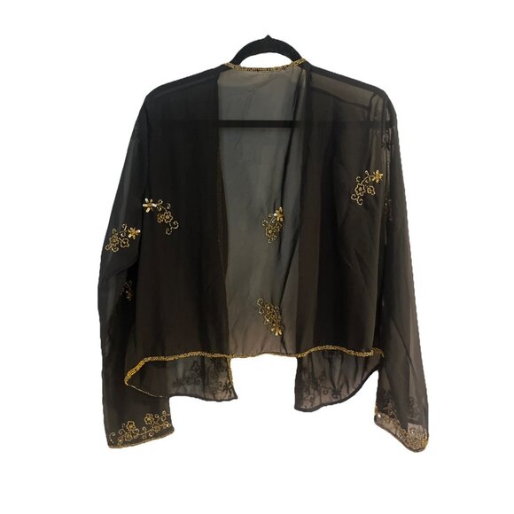 Vintage Gold Beaded Sheer Mesh Long Sleeve Open Front Jacket Blazer Black Sz M/L - Picture 4 of 7